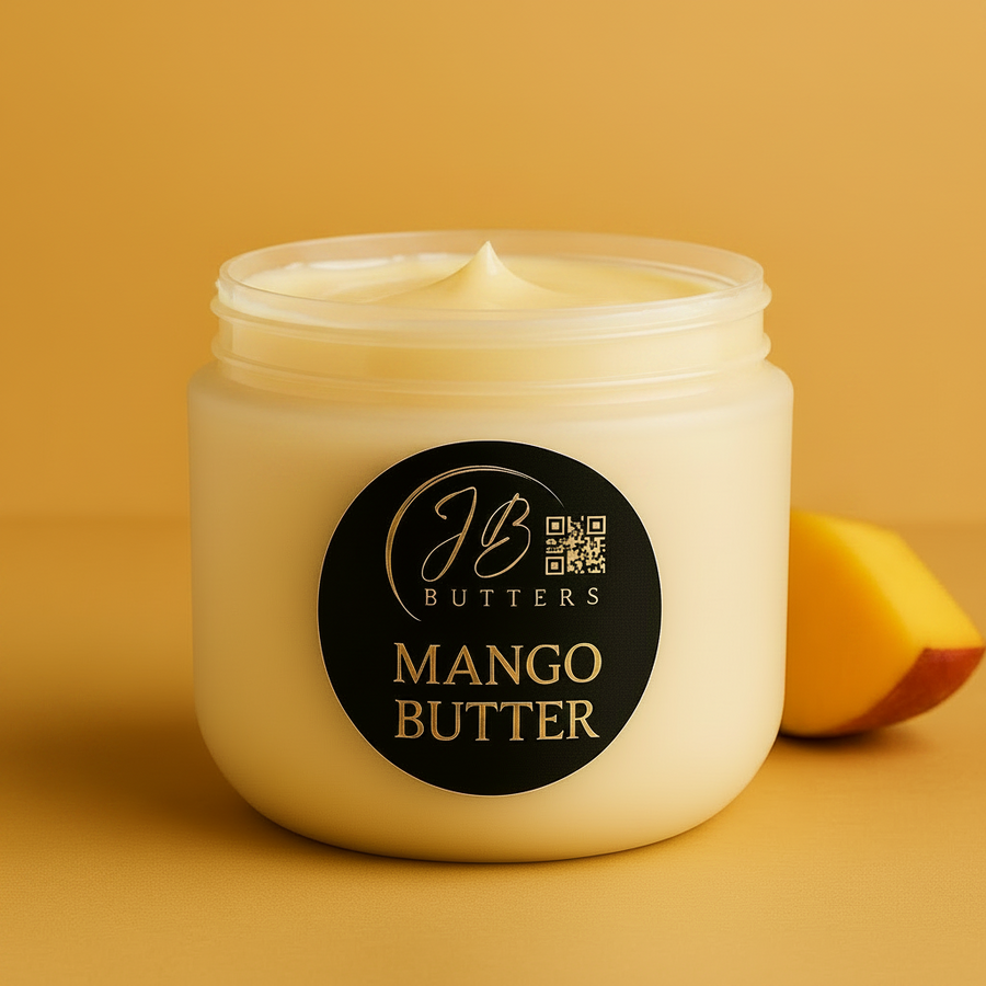 Jar of mango butter with a visible brand label on a yellow background