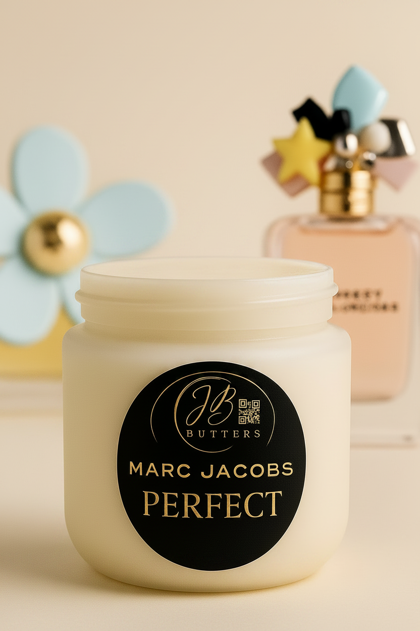 Jar of Marc Jacobs Perfect cream with a blurred perfume bottle in the background