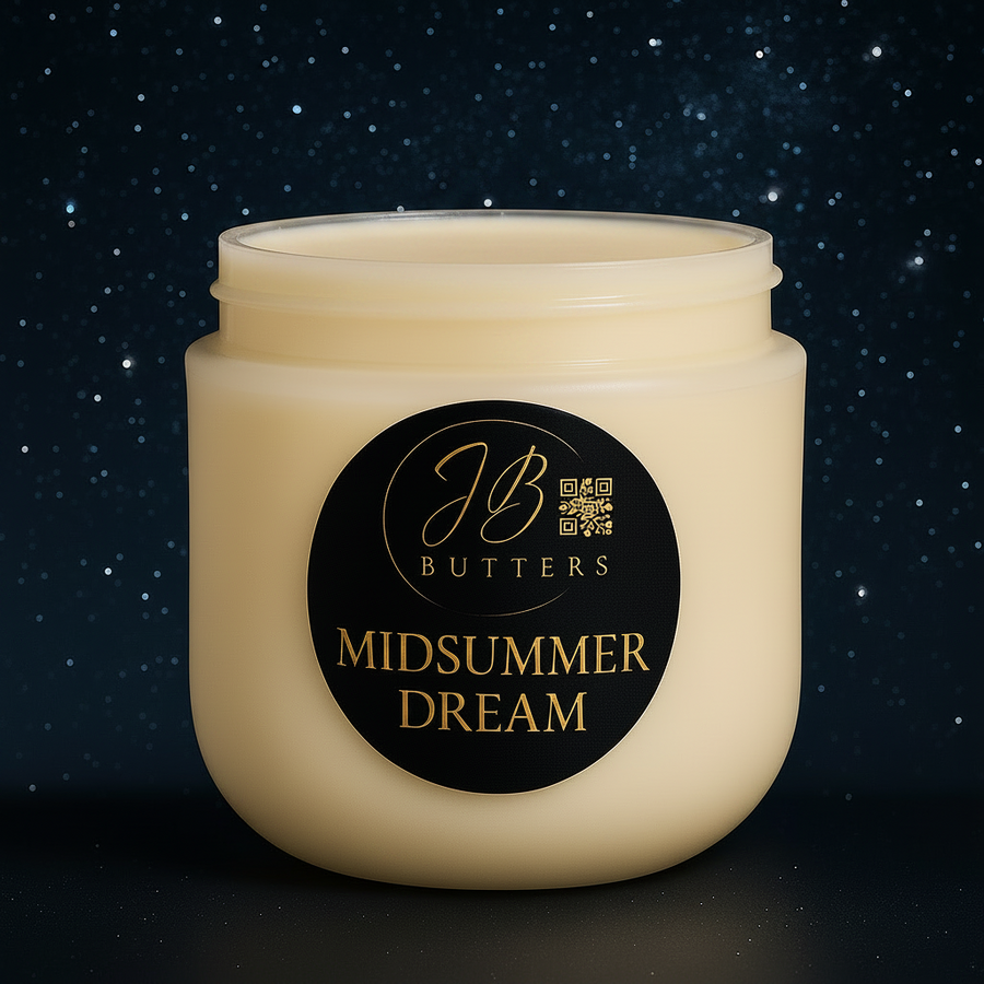Jar of JB Butters Midsummer Dream cream against a dark starry background