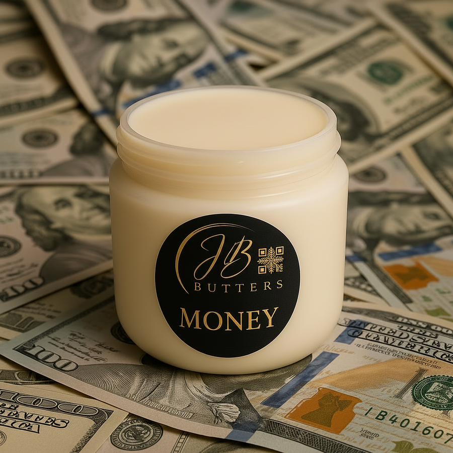 Jar of JB Butters Money cream on a background of US dollar bills