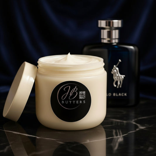 Jar of cream with 'Butters' label and a bottle of Ralph Lauren Polo Black in the background.