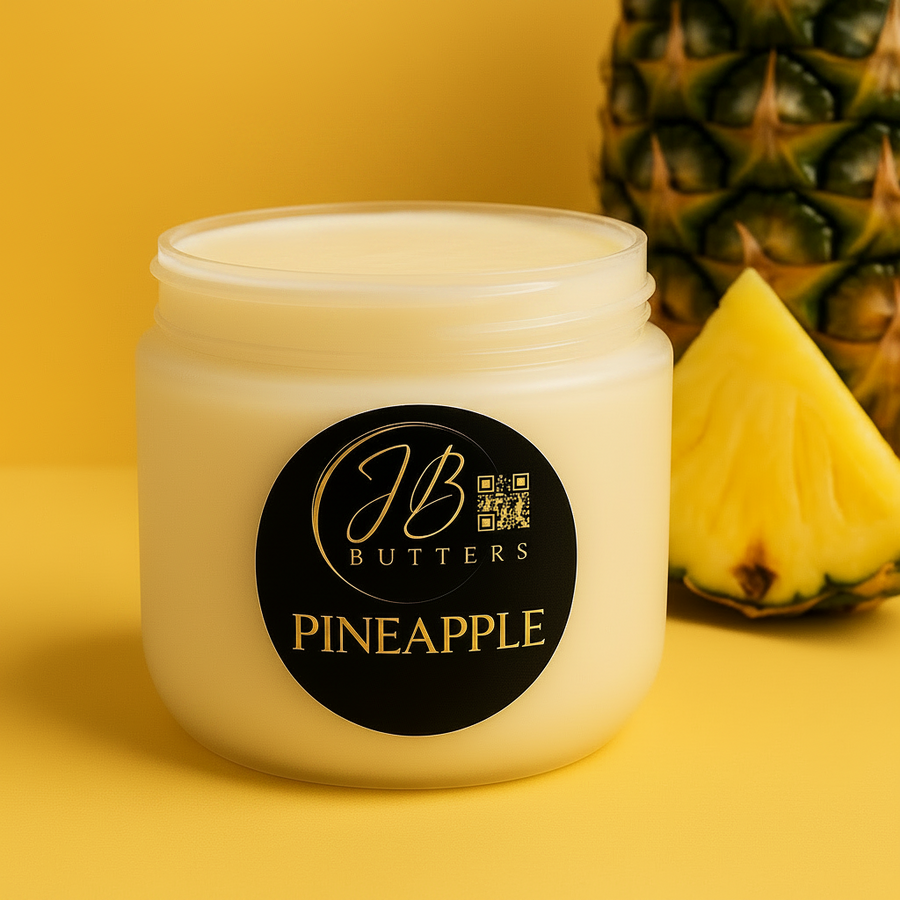 Jar of pineapple-flavored cream with a pineapple in the background on a yellow background