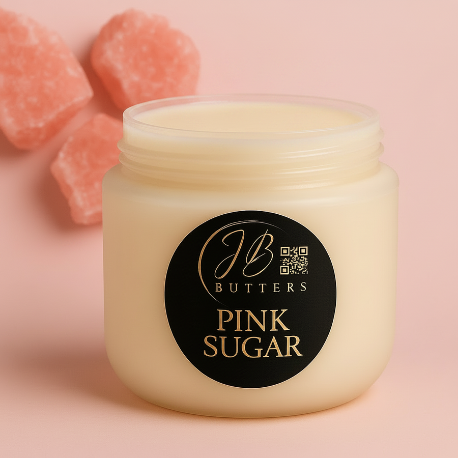 Jar of JB Butters Pink Sugar on a pink background