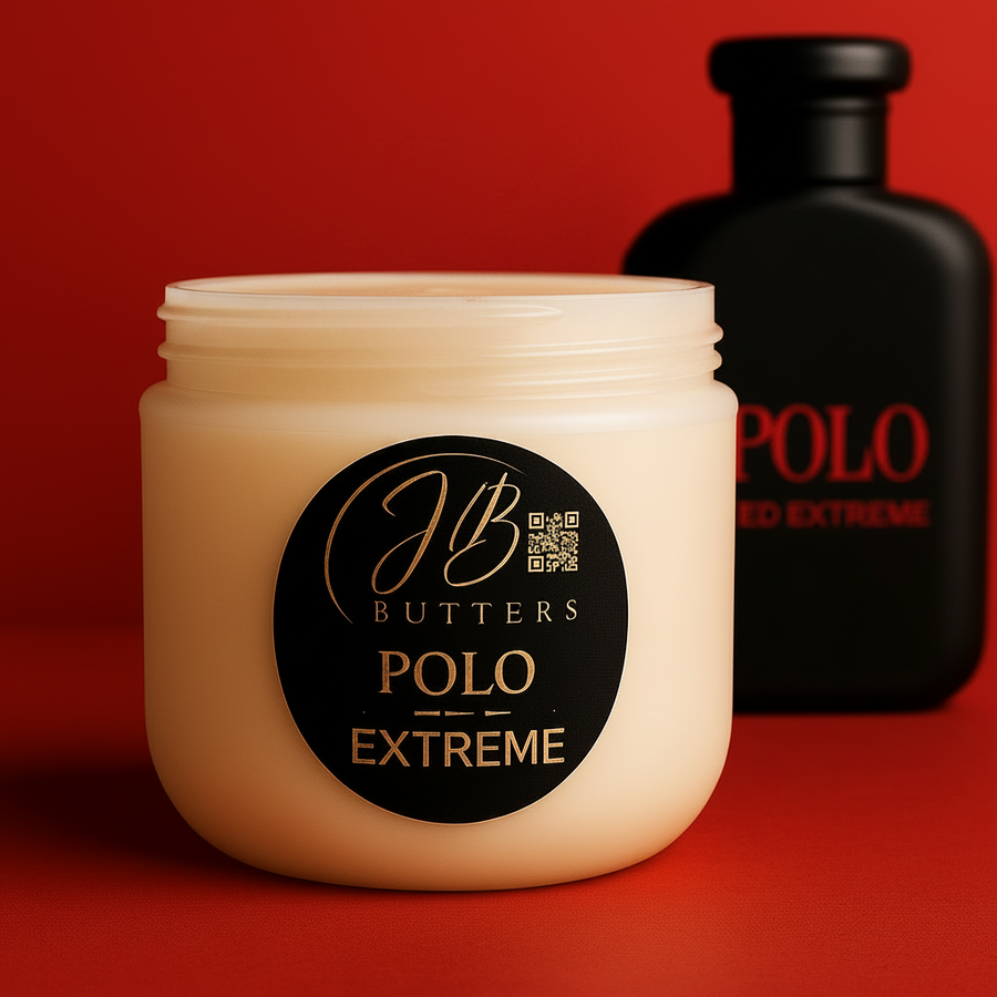 Jar of JB Butters Polo Extreme cream with a black bottle in the background on a red background