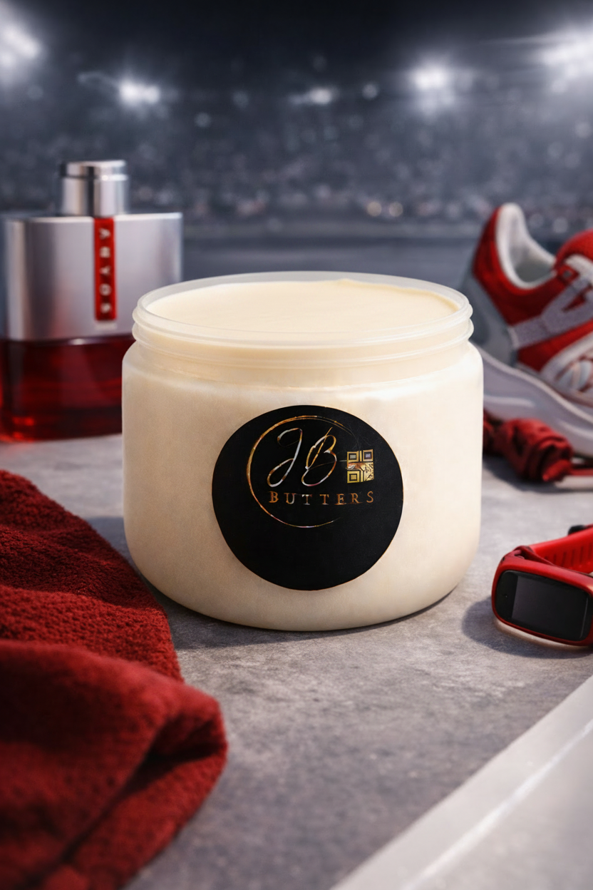 Jar of JB Butters cream on a bathroom counter with blurred background