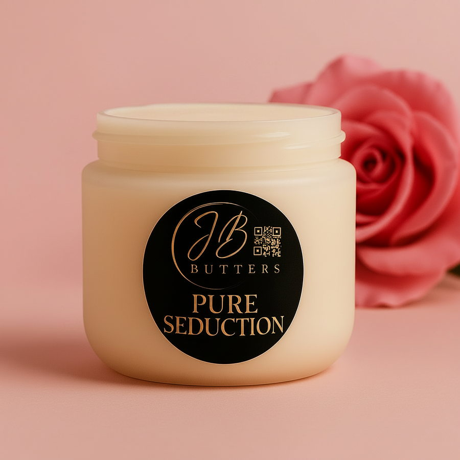 Jar of JB Butters Pure Seduction cream with a pink rose in the background