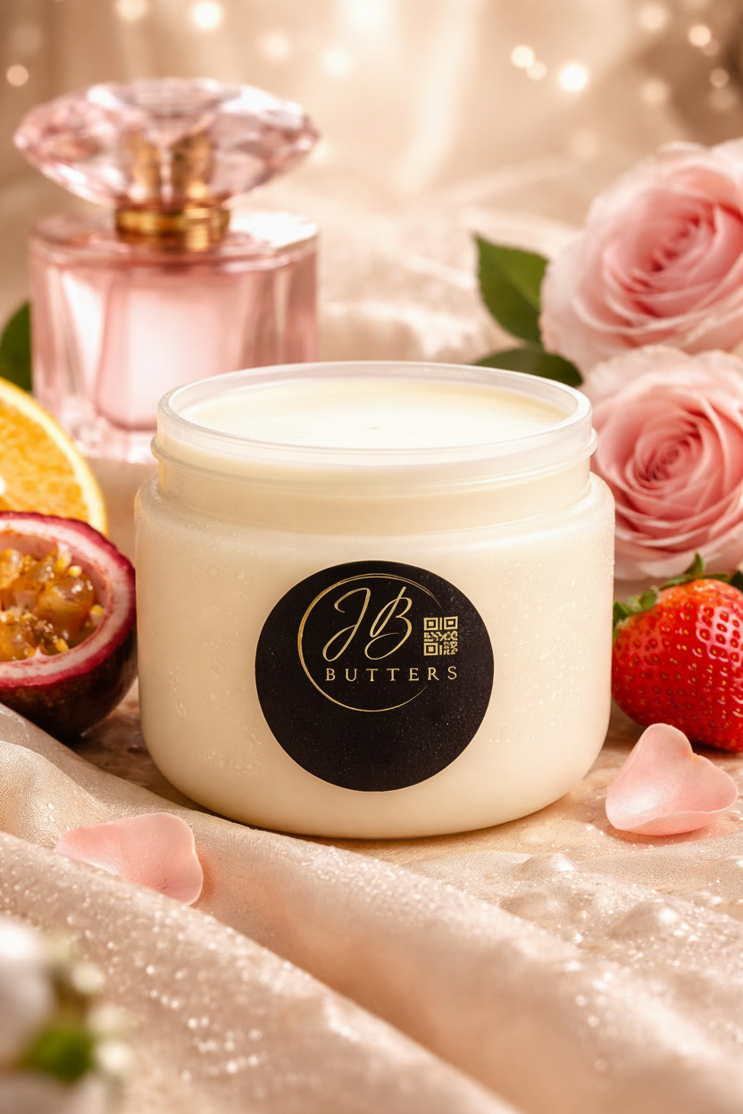 Jar of JB Butters cream with a decorative background featuring flowers and fruit.