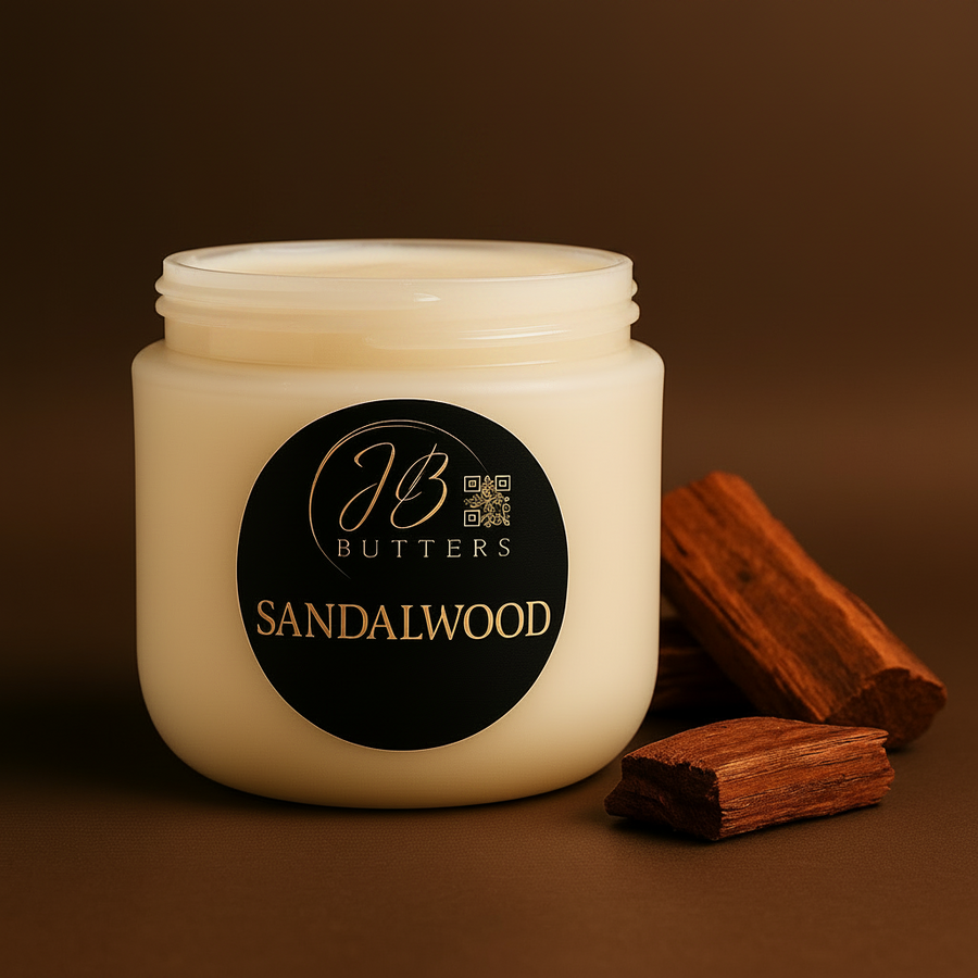 Jar of Sandalwood cream with cinnamon sticks on a brown background