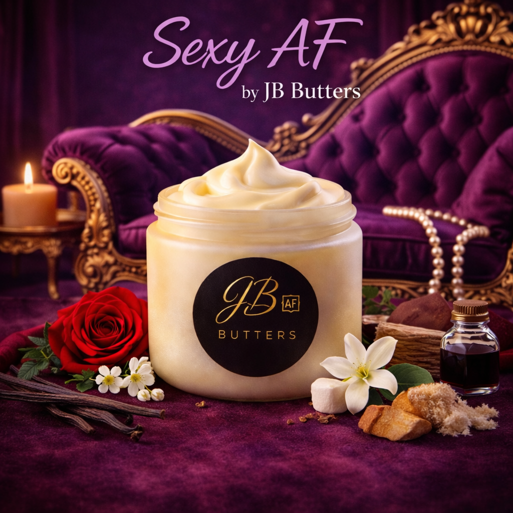 Jar of JB Butters cream with decorative elements on a purple background