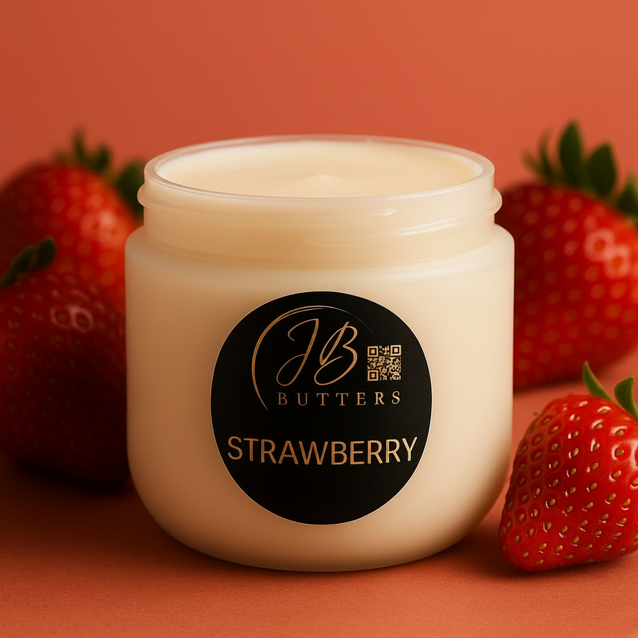 Jar of strawberry-flavored cream with strawberries on a red background