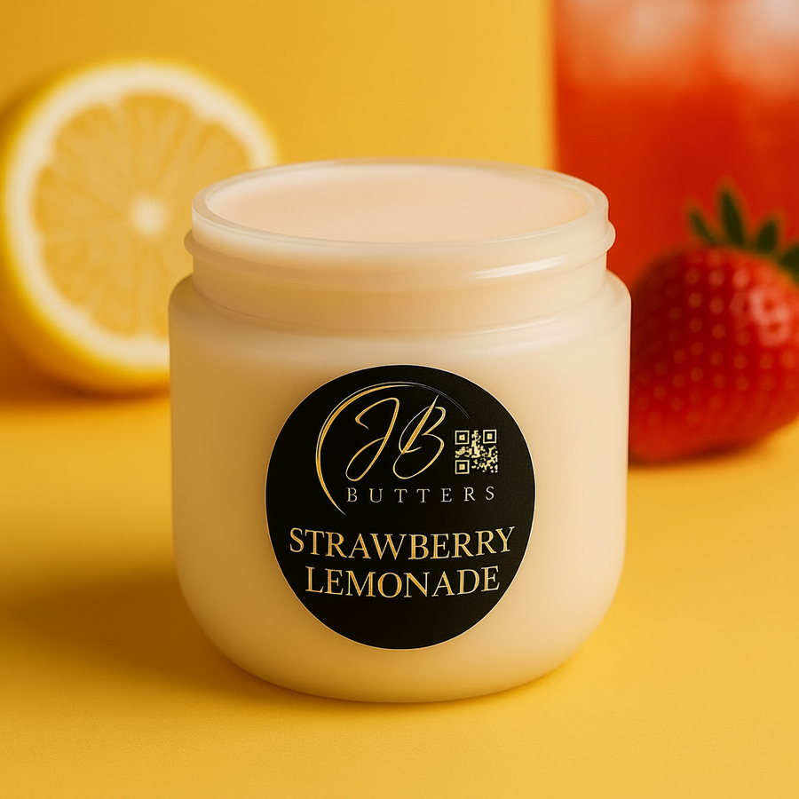 Jar of strawberry lemonade-flavored cream with a lemon and strawberry in the background on a yellow background