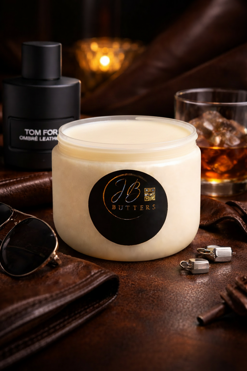 Jar of JB Butters cream on a dark surface with a glass of whiskey and other items.