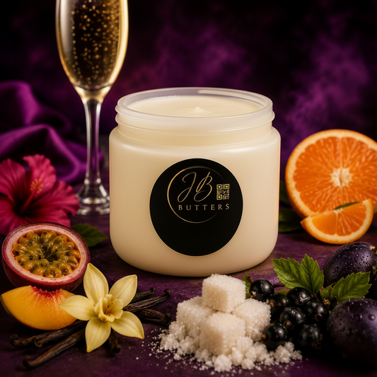 Jar of cream with 'JB Butters' label surrounded by fruits and flowers on a purple background