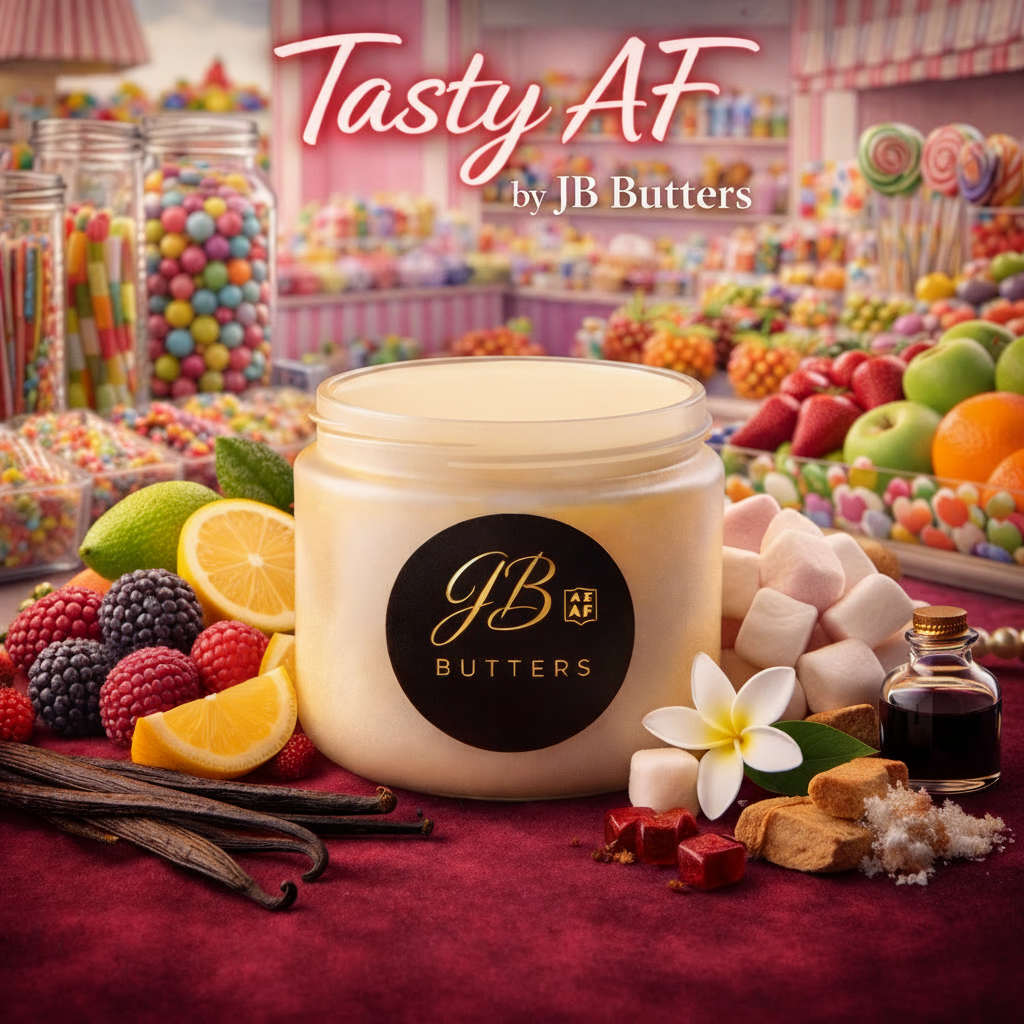 Jar of cream with 'JB Butters' logo surrounded by fruits, flowers, and candies with 'Tasty AF' text.