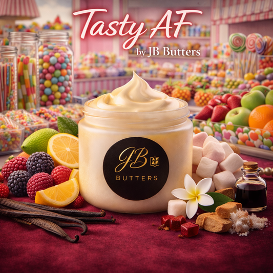 Jar of cream with 'JB Butters' logo surrounded by fruits, flowers, and candies with 'Tasty AF' text.