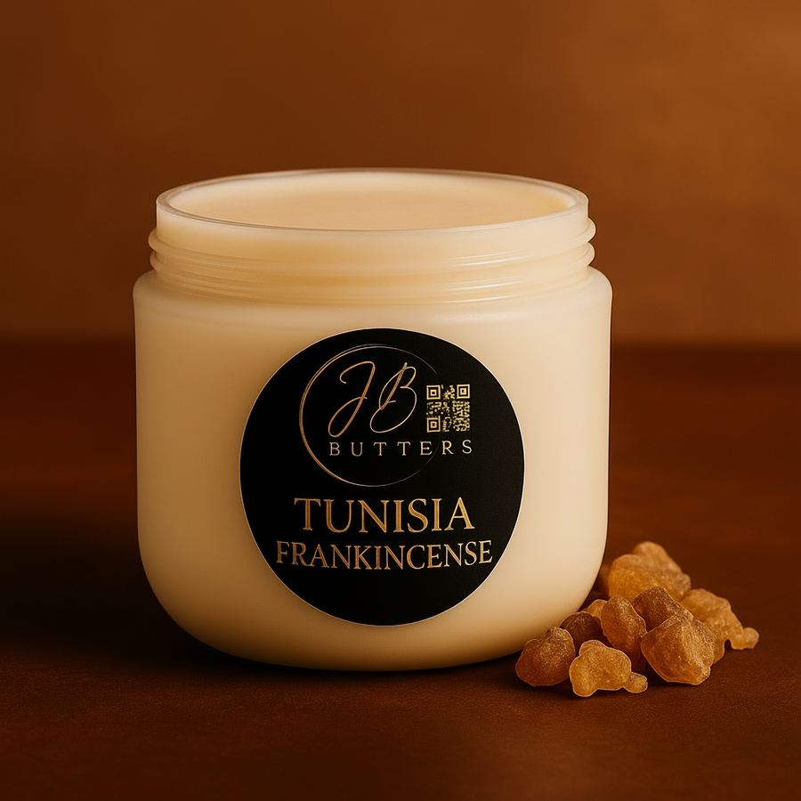 Jar of Tunisia Frankincense butter with frankincense resin on a brown background