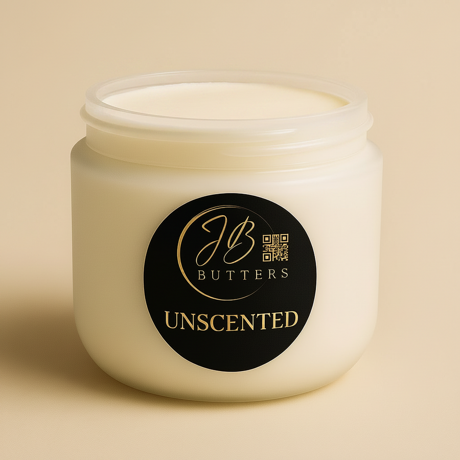 Jar of JB Butters unscented cream on a beige background
