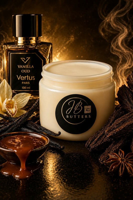 Jar of cream with a bottle of vanilla oud Vertus perfume, vanilla beans, and cinnamon sticks on a dark background.