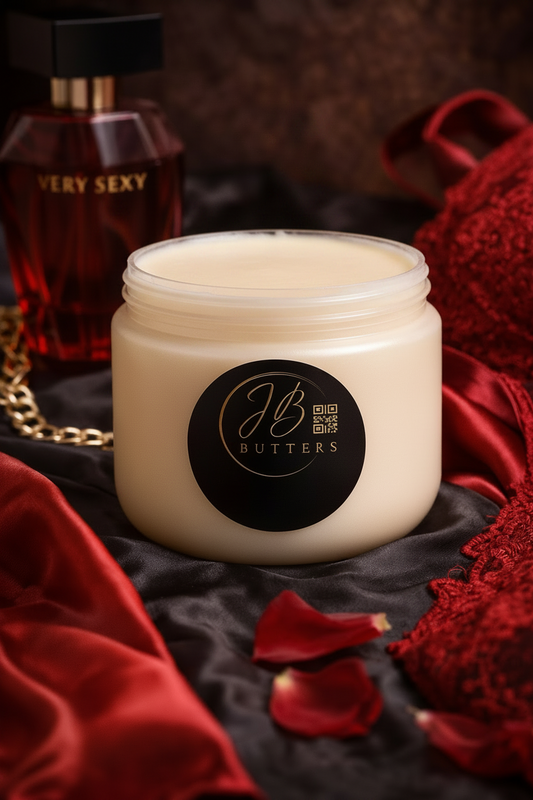 Jar of JB Butters cream with a red bottle labeled 'Very Sexy' in the background.
