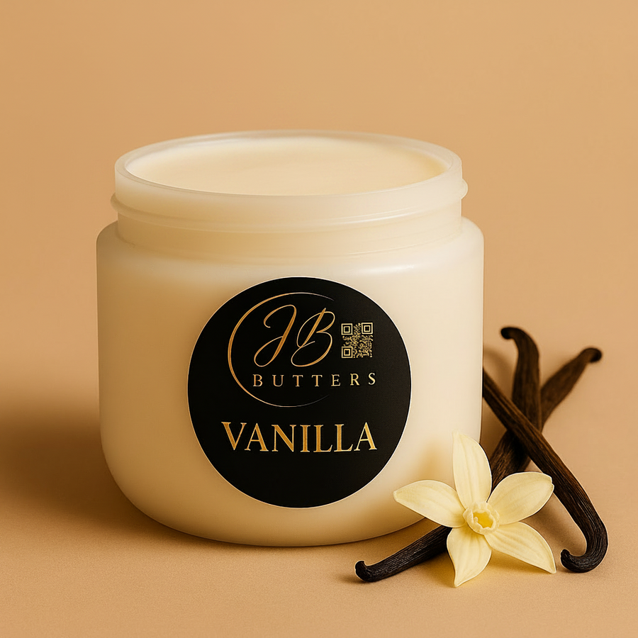 Jar of vanilla cream with a vanilla flower and pod on a beige background