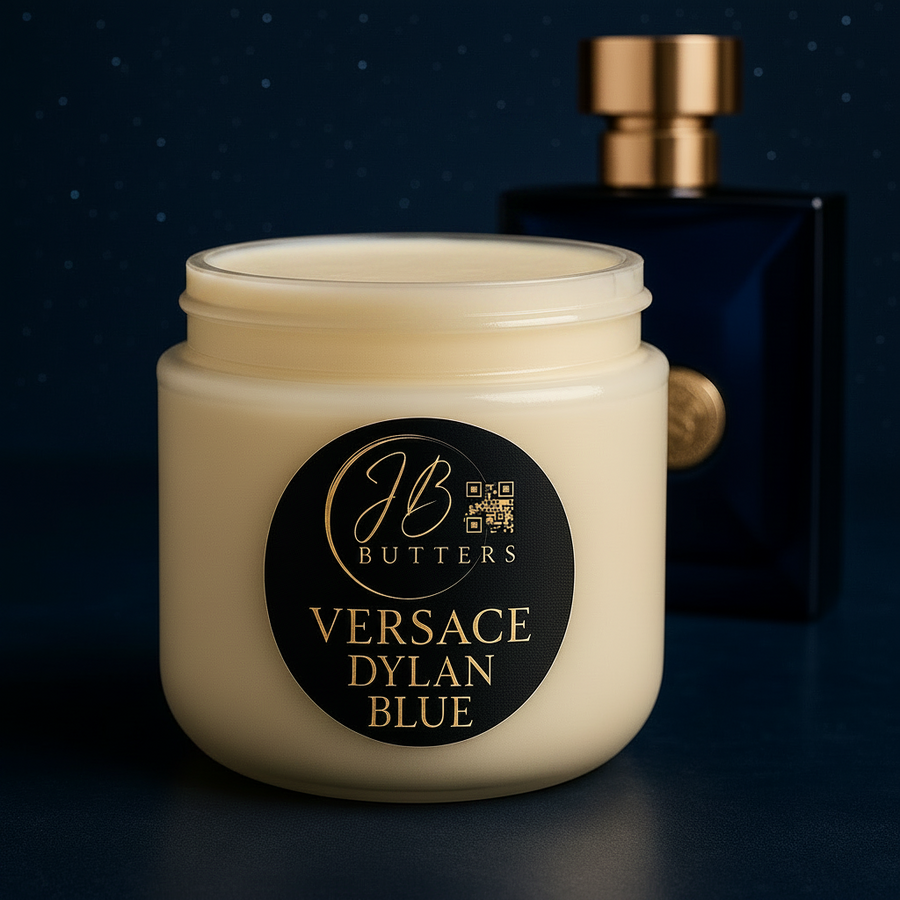Jar of cream with 'Butters Versace Dylan Blue' label on a dark background