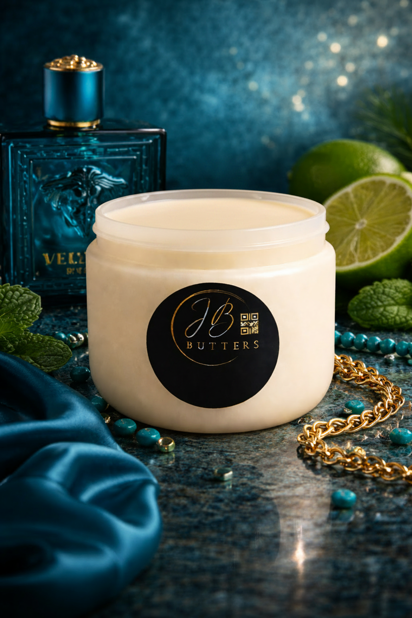 Jar of JB Butters cream with a blue bottle and green limes in the background