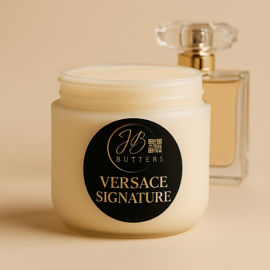 Jar of Versace Signature cream with a perfume bottle in the background on a beige background
