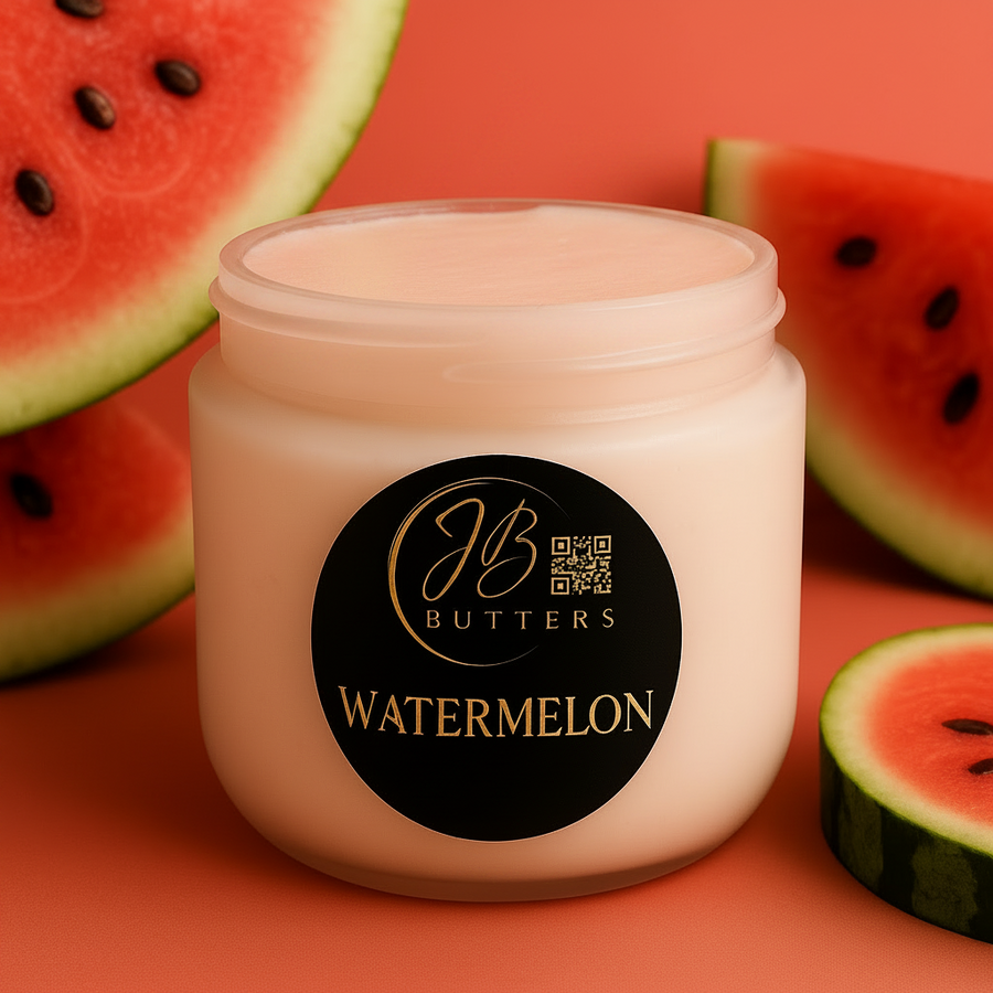 Jar of watermelon-flavored cream with watermelon slices on a red background