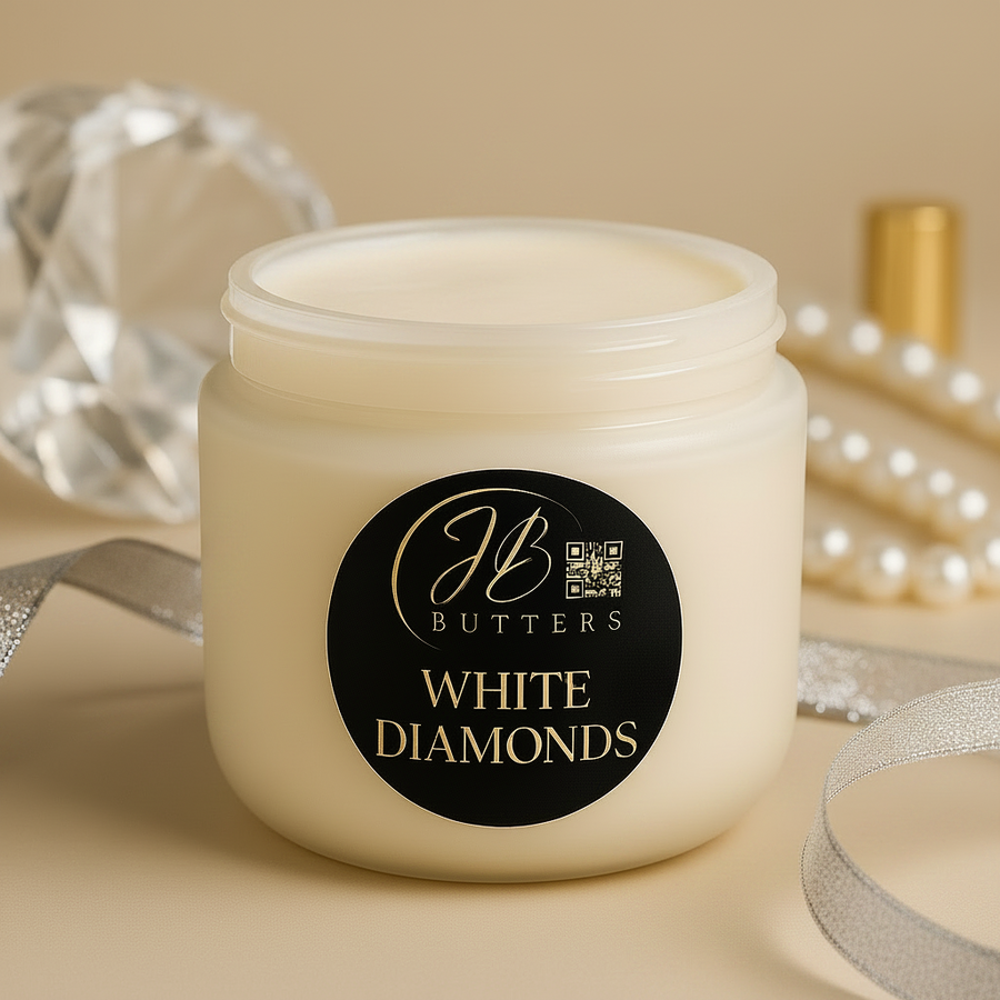 Jar of JB Butters White Diamonds cream on a beige background