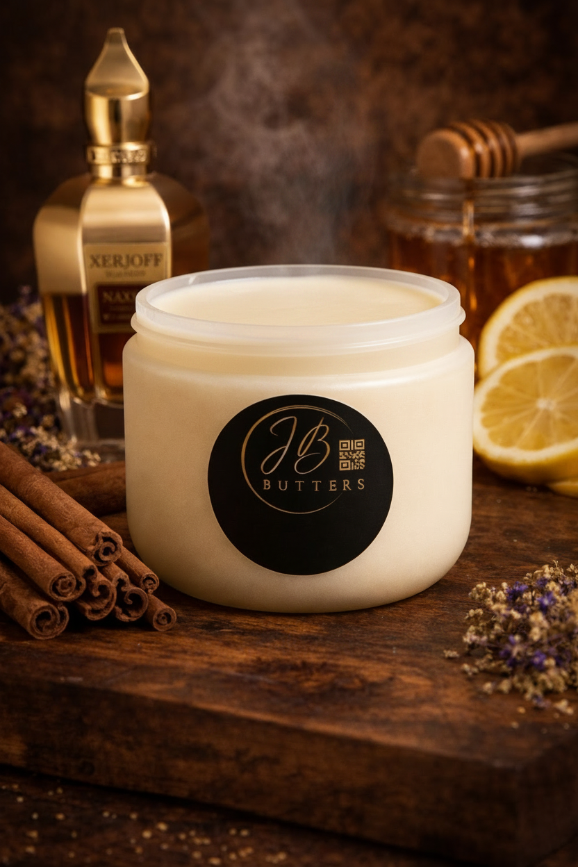Jar of JB Butters cream on a wooden surface with honey, cinnamon, and lemons in the background.