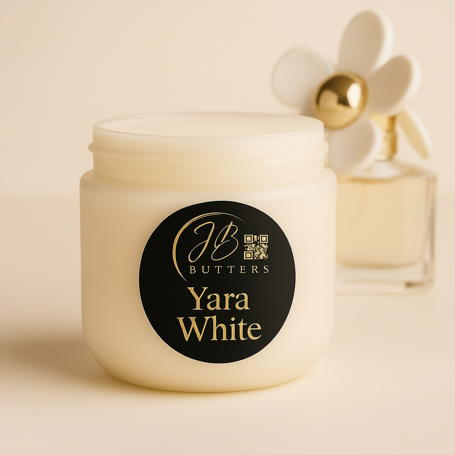 Jar of Yara White cream with a decorative flower and bottle in the background